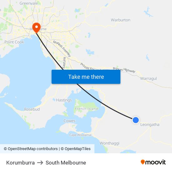 Korumburra to South Melbourne map