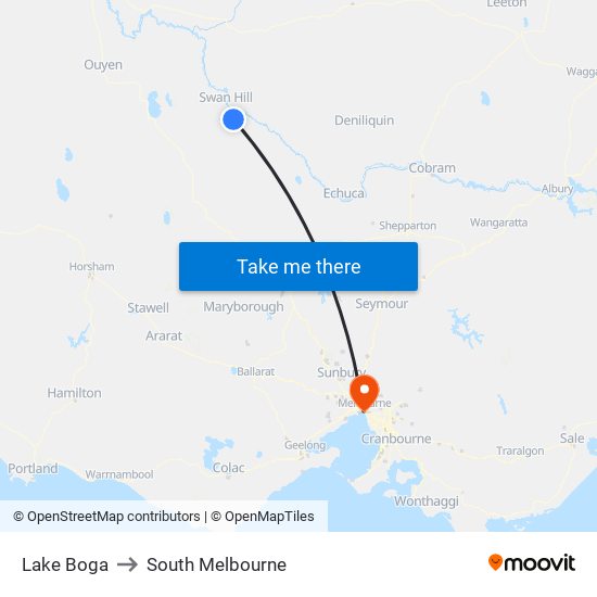 Lake Boga to South Melbourne map