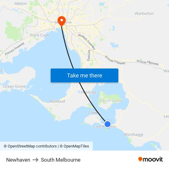 Newhaven to South Melbourne map