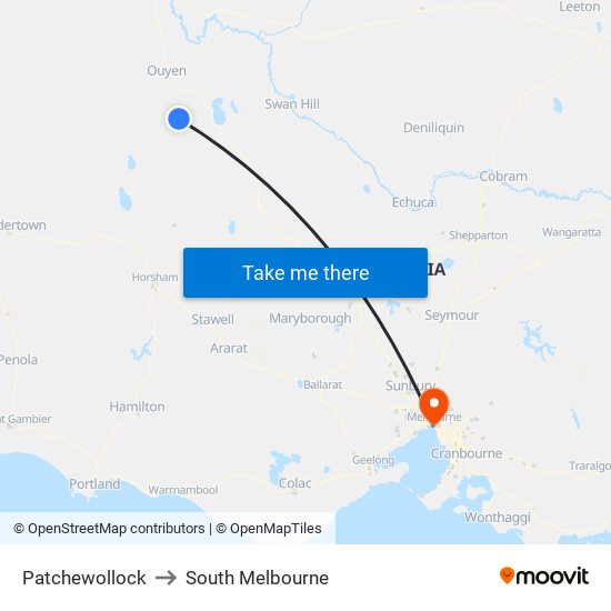 Patchewollock to South Melbourne map