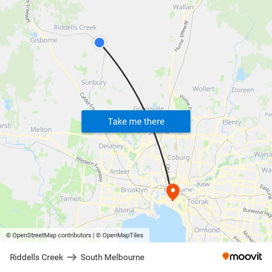 Riddells Creek to South Melbourne map