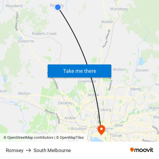 Romsey to South Melbourne map