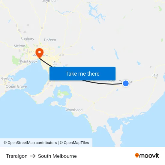 Traralgon to South Melbourne map