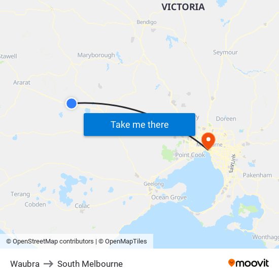 Waubra to South Melbourne map