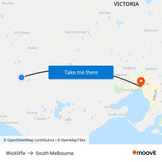 Wickliffe to South Melbourne map