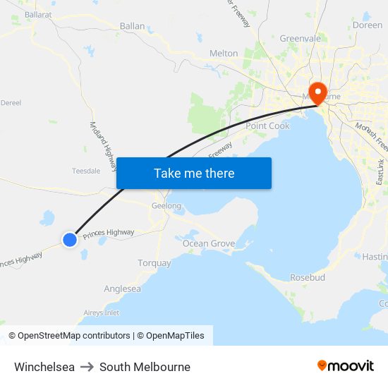 Winchelsea to South Melbourne map