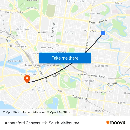 Abbotsford Convent to South Melbourne map