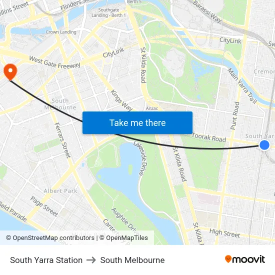 South Yarra Station to South Melbourne map