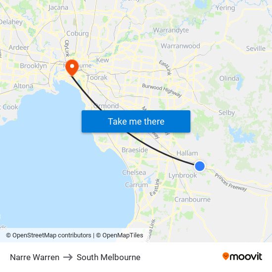 Narre Warren to South Melbourne map