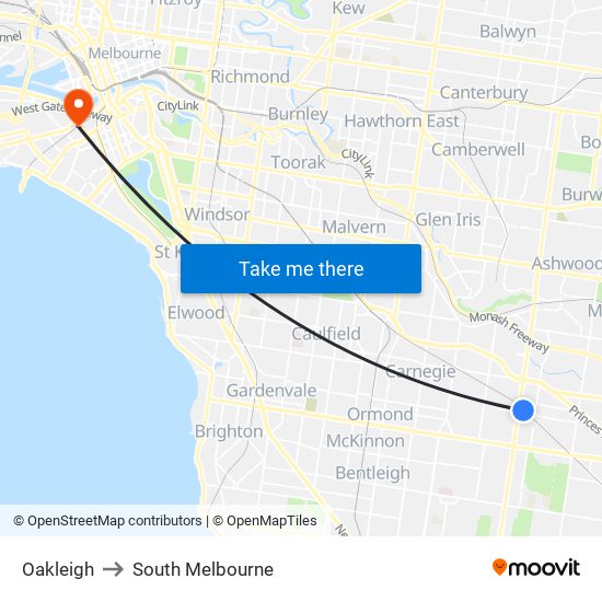 Oakleigh to South Melbourne map