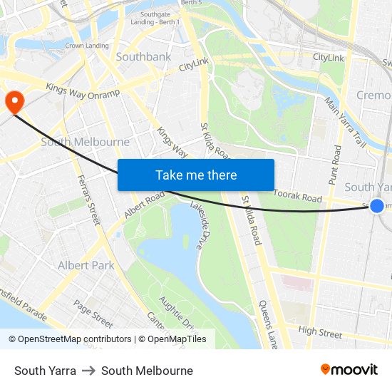 South Yarra to South Melbourne map