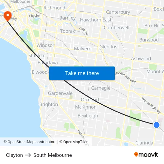 Clayton to South Melbourne map