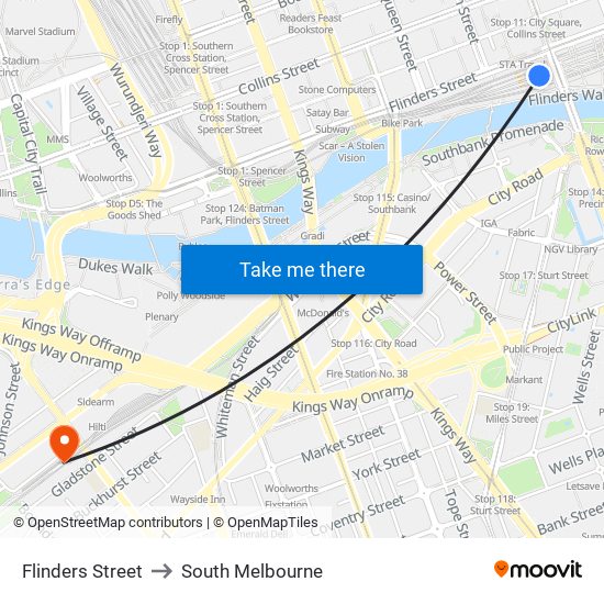 Flinders Street to South Melbourne map