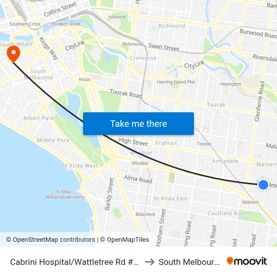 Cabrini Hospital/Wattletree Rd #47 to South Melbourne map