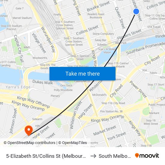 5-Elizabeth St/Collins St (Melbourne City) to South Melbourne map