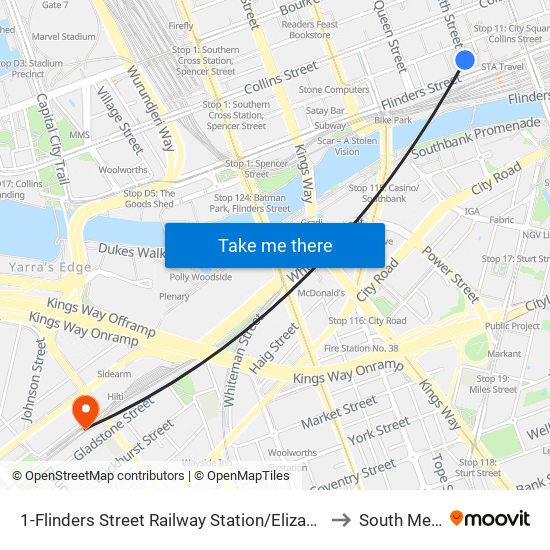 1-Flinders Street Railway Station/Elizabeth St (Melbourne City) to South Melbourne map