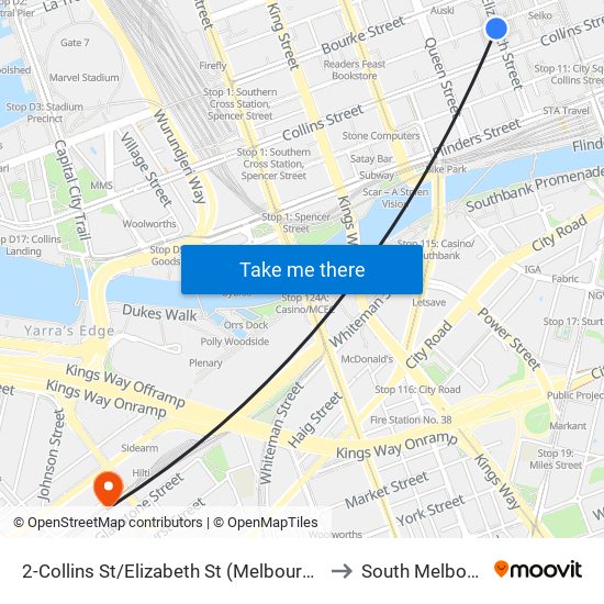 2-Collins St/Elizabeth St (Melbourne City) to South Melbourne map