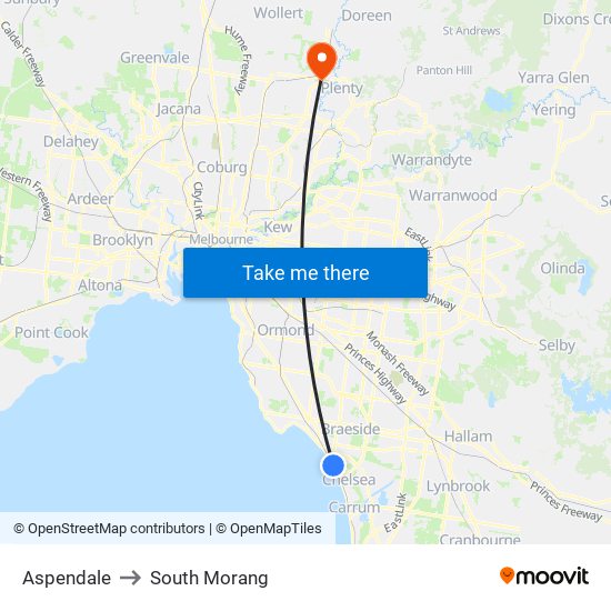 Aspendale to South Morang map