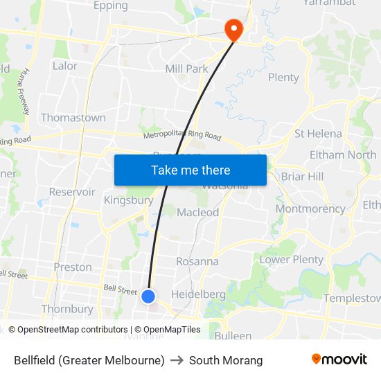 Bellfield (Greater Melbourne) to South Morang map