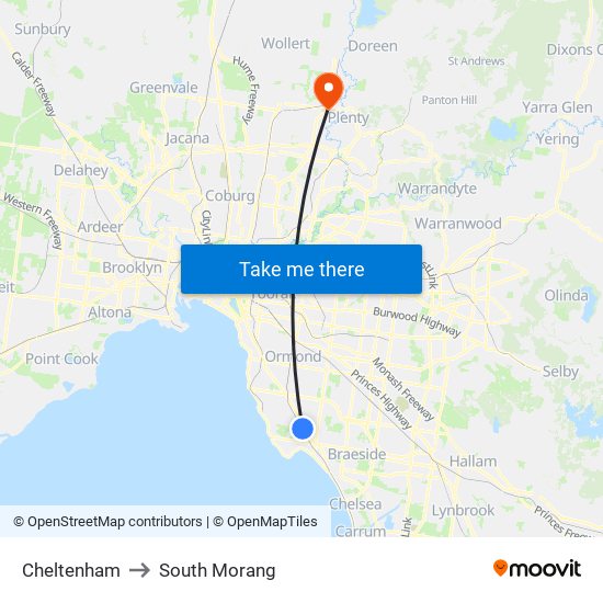 Cheltenham to South Morang map