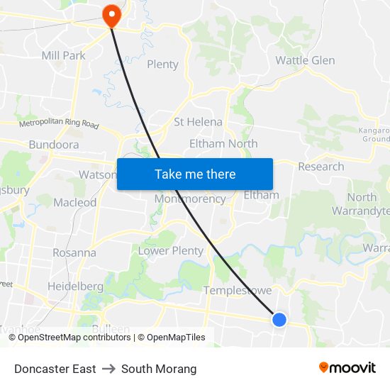 Doncaster East to South Morang map