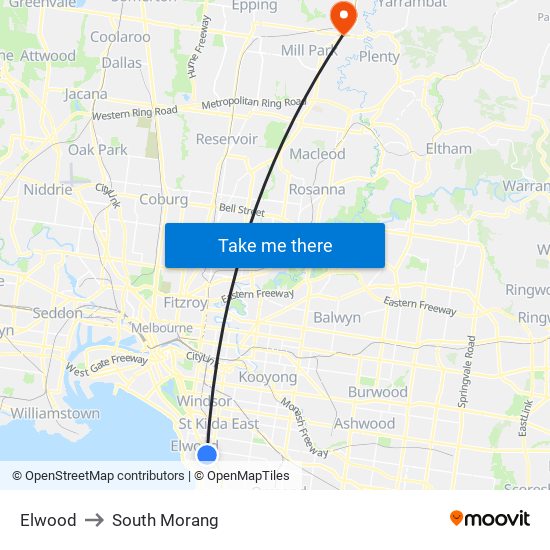 Elwood to South Morang map