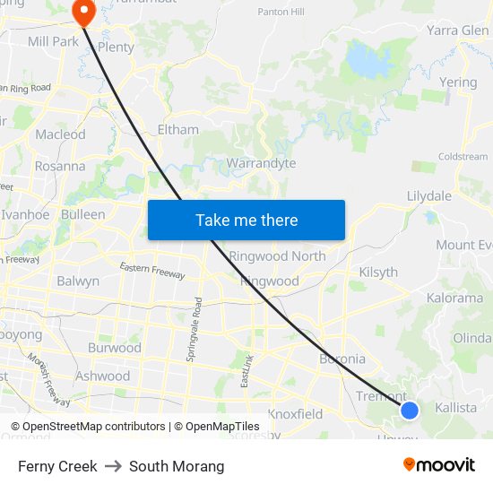 Ferny Creek to South Morang map