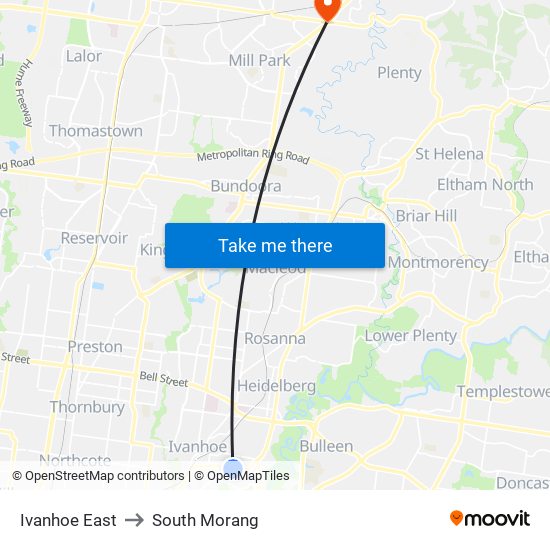 Ivanhoe East to South Morang map