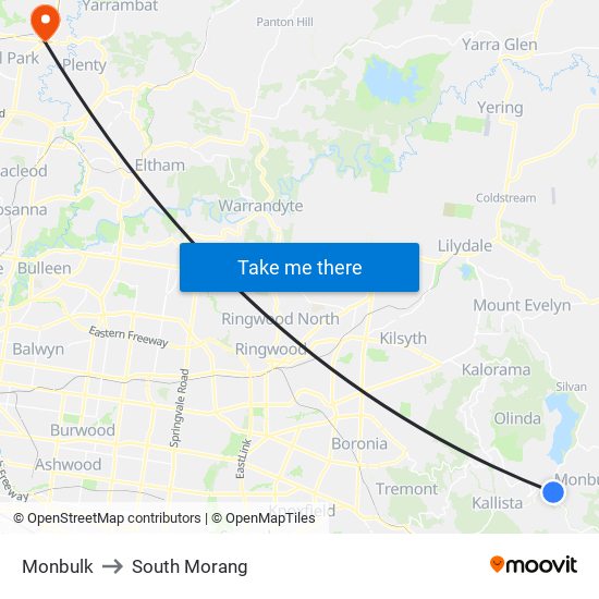 Monbulk to South Morang map