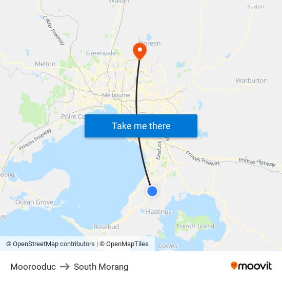 Moorooduc to South Morang map