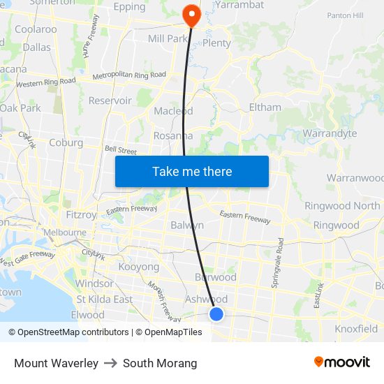 Mount Waverley to South Morang map