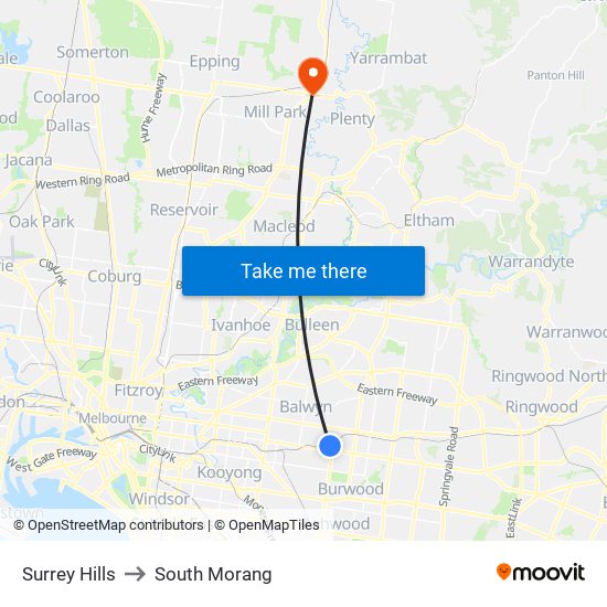 Surrey Hills to South Morang map