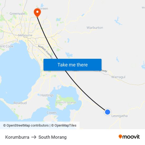 Korumburra to South Morang map