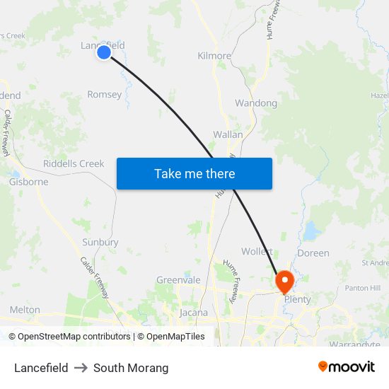 Lancefield to South Morang map