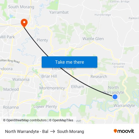 North Warrandyte - Bal to South Morang map