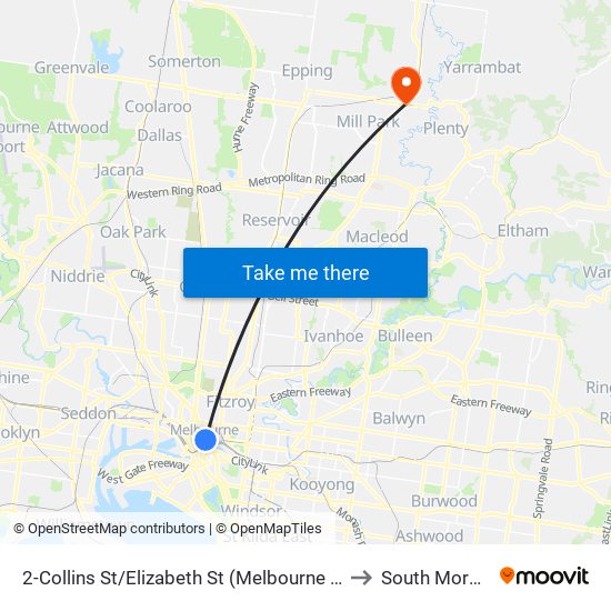 2-Collins St/Elizabeth St (Melbourne City) to South Morang map