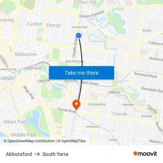 Abbotsford to South Yarra map