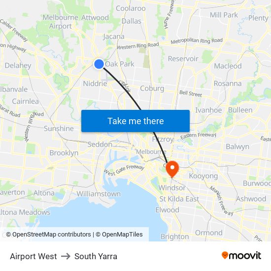 Airport West to South Yarra map