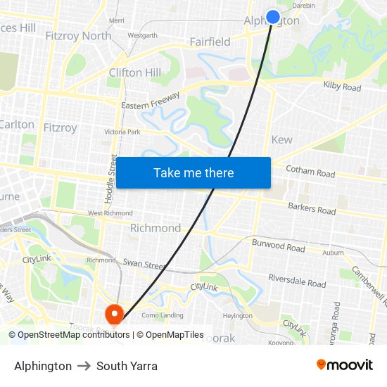 Alphington to South Yarra map