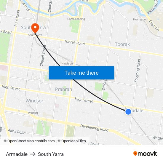 Armadale to South Yarra map