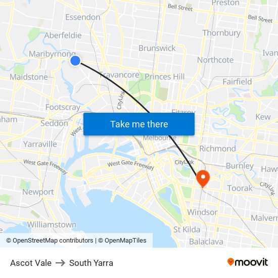 Ascot Vale to South Yarra map