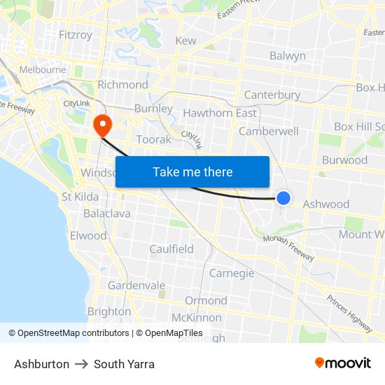Ashburton to South Yarra map