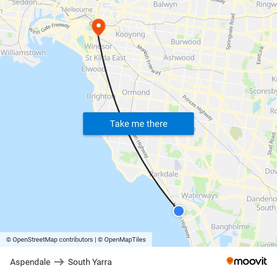 Aspendale to South Yarra map