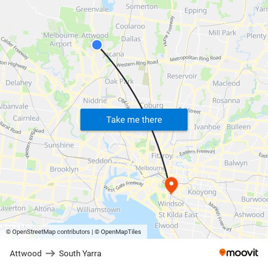 Attwood to South Yarra map