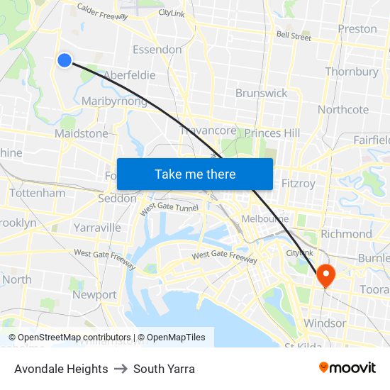 Avondale Heights to South Yarra map
