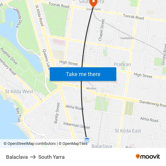 Balaclava to South Yarra map