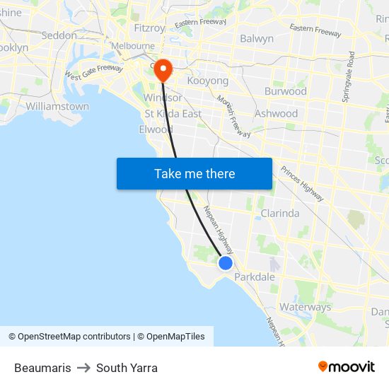 Beaumaris to South Yarra map