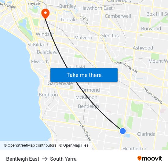 Bentleigh East to South Yarra map