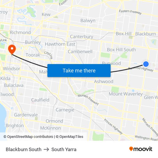 Blackburn South to South Yarra map