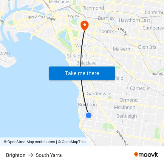 Brighton to South Yarra map